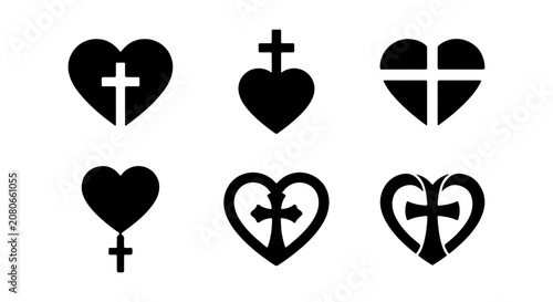 Quadro su tela Christian Heart Icons, Faith Symbols, Cross Love Graphics, Religious Vector Set
