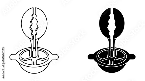 Tableau sur toile Egg Slicer Icon: A minimalist graphic representation of an egg slicer, shown in both outline and silhouette, highlighting its functional design for slicing hard-boiled eggs