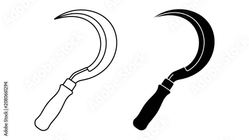 фотографія Sickle Tool Icons: Two sickle tools, one outlined and one solid black, showcasing the curved blade and handle, useful for farming and harvesting
