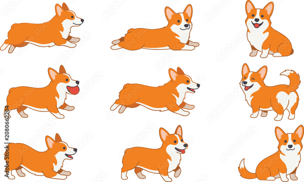 Fototapeta premium Corgi Dog Character Collection Vector Set with Cute Puppy Poses, Cartoon Pet Illustrations and Adorable Domestic Animal Design Pack