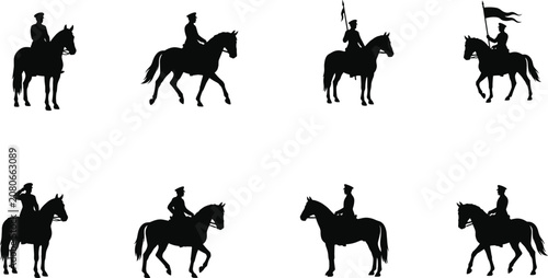 Obraz na plátně Military Cavalry Rider Silhouette Collection with Mounted Soldiers Holding Flags