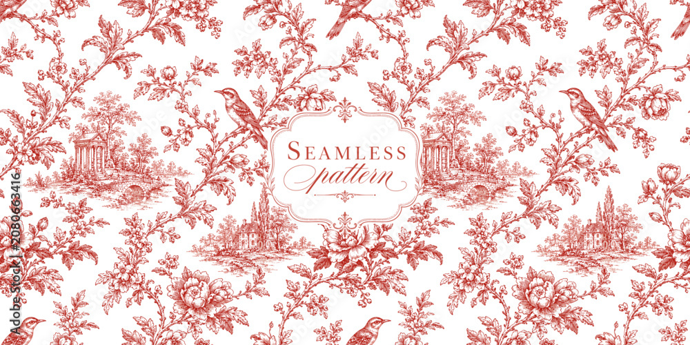 Fototapeta premium Toile seamless pattern with vintage birds, floral branches, garden landscapes, temple, bridge and elegant label for wallpaper, fabric, textile and vector background