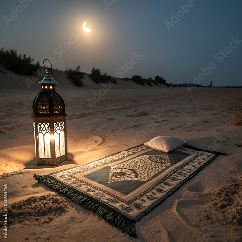 A beautifully arranged prayer mat beside an elegant lantern beneath a moon.