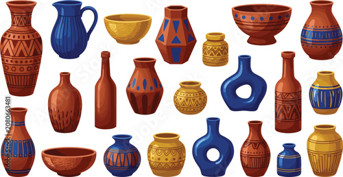 Foto Ceramic Pottery Vector Icon Set Featuring Handmade Clay Vases Pots Bowls Pitcher