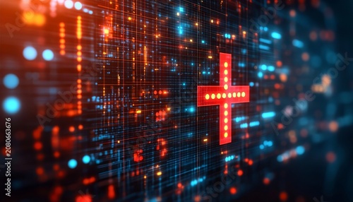 Abstract Digital Healthcare Technology Background With Glowing Medical Cross Symbol And Data Lines