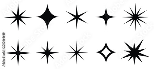 Collection of various black sparkle and star icons for decoration or design elements isolated on white background