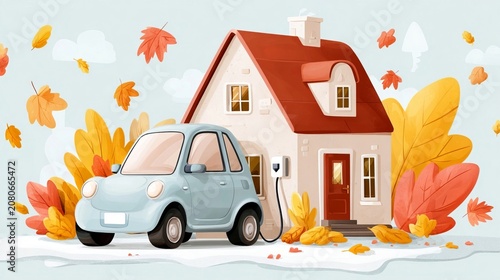 Compact Electric Car Charging at Residence in an Autumn Scene Showing Charging Hardware Equipment.
