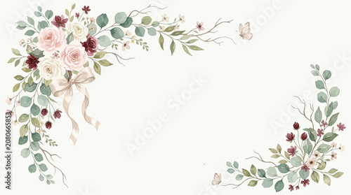 Foto Elegant floral arrangement with roses, eucalyptus, and berries, tied with a ribbon, perfect for invitations and decorations