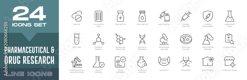 Fotografie Pharmaceutical & Drug Research Line Icons Set