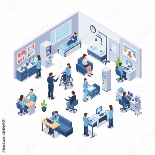 Modern hospital interior with doctors and patients in isometric style.