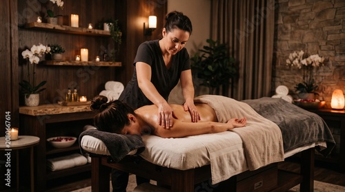 A professional massage therapist provides a relaxing back massage to a client in a luxurious, dimly lit spa with candles and wooden decor.
