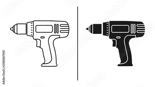 Tableau sur toile Cordless Drill Icons: A visual comparison of a cordless drill, presented in both line art and solid silhouette forms, showcasing its design and function