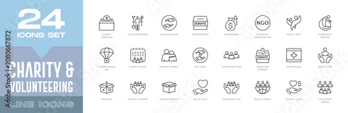 Fényképezés Charity & Volunteering Line Icons Set