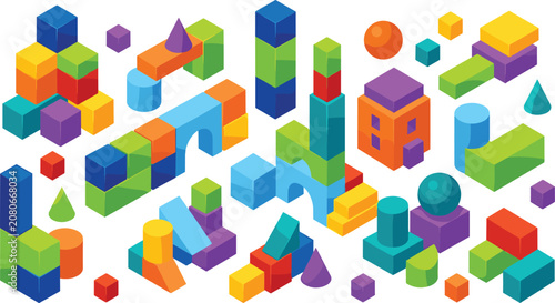 Obraz na plátně Isometric Colorful Wooden Building Blocks Vector Set Featuring Toy Bricks Cubes