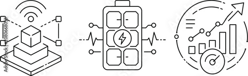 Blockchain Network, Smart Battery and Performance Dashboard Minimal Outline Icon Collection