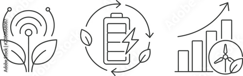 Green Connectivity, Smart Battery and Renewable Business Growth Minimal Outline Icon Set