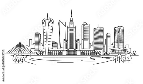 фотографія Warsaw City Skyline Panorama Continuous Line Art Drawing Featuring Palace of Cul