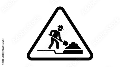 Construction worker digging trench with shovel, warning sign symbol