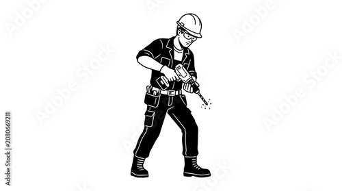 Construction worker drilling with power tool, safety helmet and glasses, black and white illustration