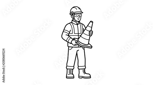 Construction worker holding safety cone, safety vest, hard hat, outdoor work illustration