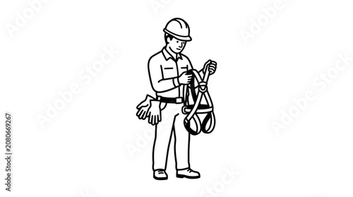 Construction worker holding safety harness and gloves, ready for work