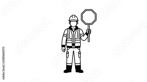 Construction worker holding stop sign, safety vest, hard hat, uniform, outline illustration