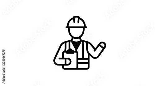 Construction worker icon with hard hat, vest, and clipboard, simple line art vector illustration.