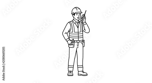 Construction worker in hard hat and safety vest talking on walkie-talkie, line art illustration
