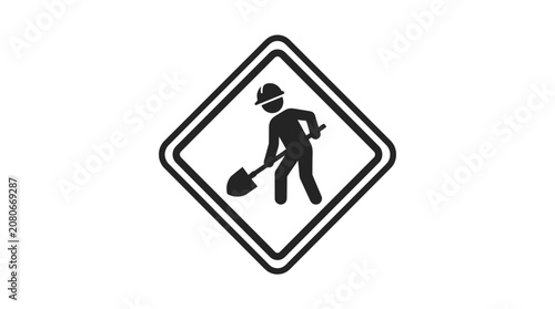 Construction Worker Icon with Shovel in Warning Sign