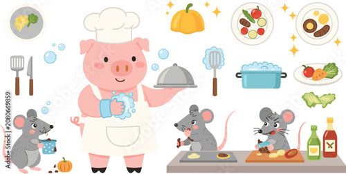 Foto Cute cartoon pig chef washing dishes and holding a platter in a clean kitchen wi