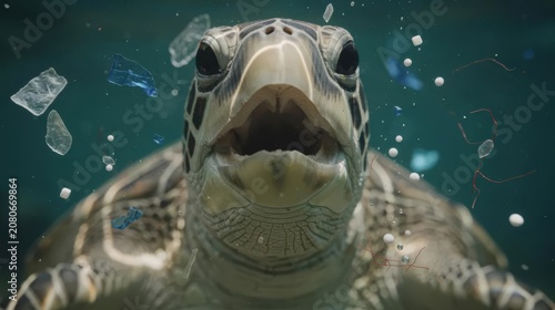 Sea Turtle Surrounded by Ocean Microplastics Pollution