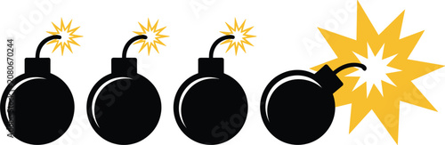 Fotografie Vintage bomb countdown timeline vector icon set, burning lit fuse and blast expl