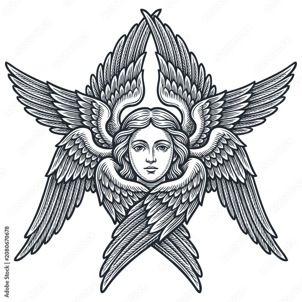 Obraz premium Detailed vector engraving illustration of a biblical seraph angel featuring six wings and a serene human face isolated on a white background.