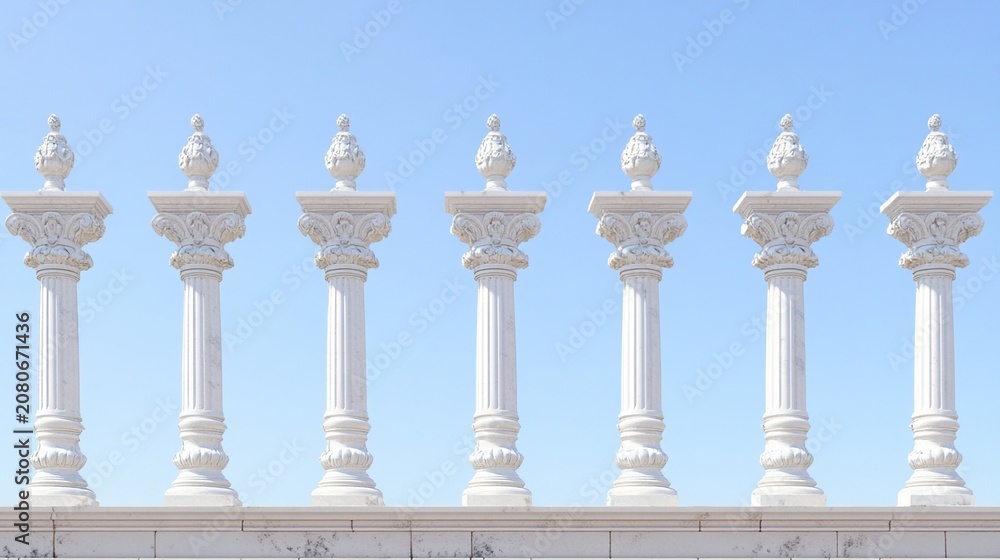 Fototapeta premium pediment. Seven identical white marble columns supporting a ruined pediment at a temple. event programs, museum guides, designed for cultural heritage projects and event programs.