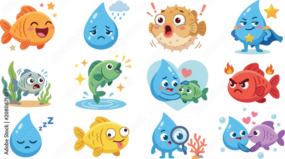 Fototapeta premium Cute cartoon water droplet and various fish character emoji stickers showing different emotions like happy sad angry and scared, vector illustration