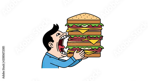 Man with large mouth eating massive layered burger.