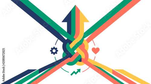Abstract colorful intertwined arrows converging into a central knot pointing upwards with gear and heart icons on white background, Symbolizing business synergy and strategic team collaboration