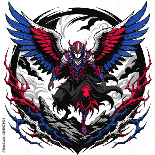 Bilde på lerret Majestic Red and Blue Winged Fantasy Warrior Emblem.