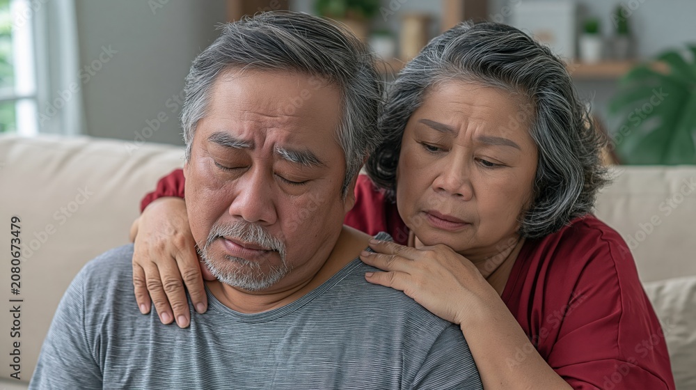 Fototapeta premium Elderly couple sharing sadness and concern with empathetic support and comfort