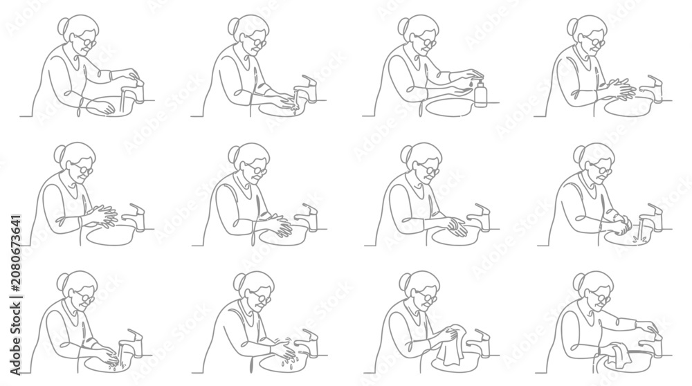 Fototapeta premium Elderly Woman Washing Hands Sequence - Step-by-Step Hygiene Illustration