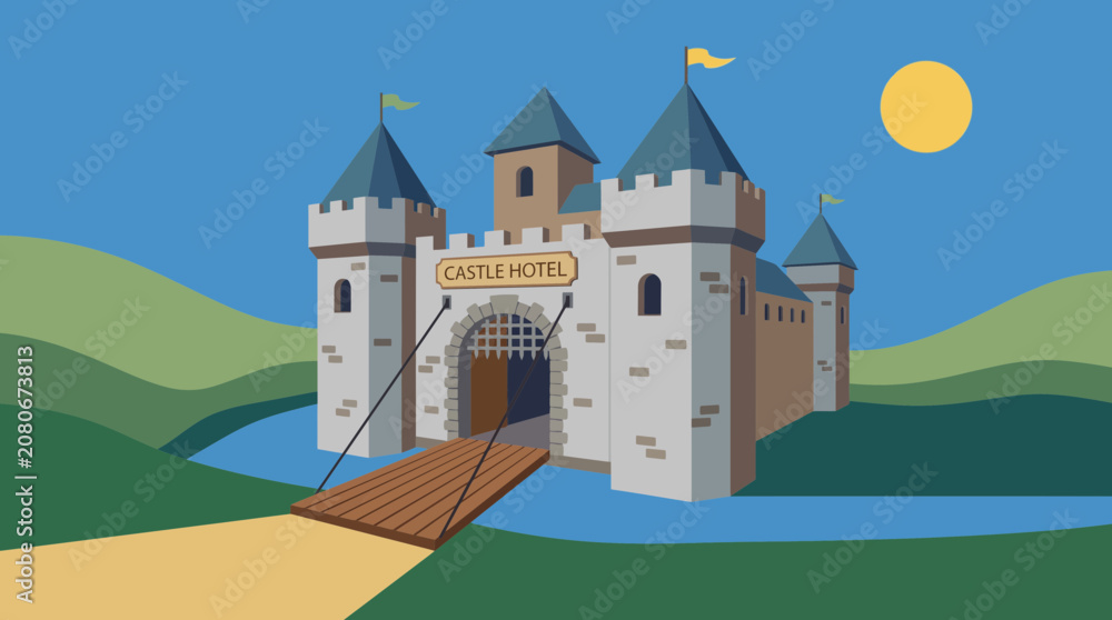 Naklejka premium Castle Hotel with Drawbridge Entrance Vector Illustration