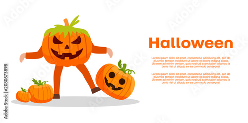 Fotografie happy little pumpkin character holding another small orange pumpkin