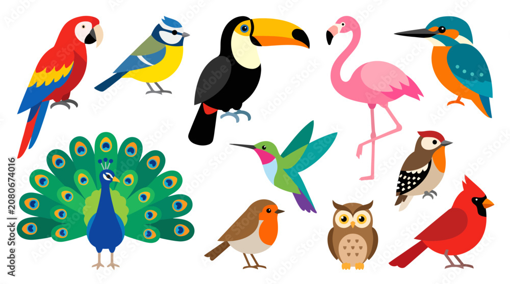 Obraz premium Colorful Bird Collection Featuring Parrots Hummingbirds and Owls.