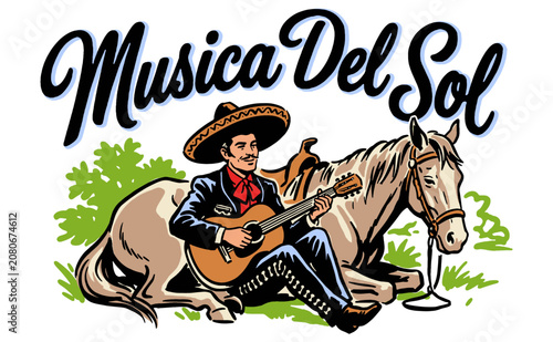 Bild auf Leinwand Musica Del Sol vintage Mexican mariachi guitar player with horse illustration