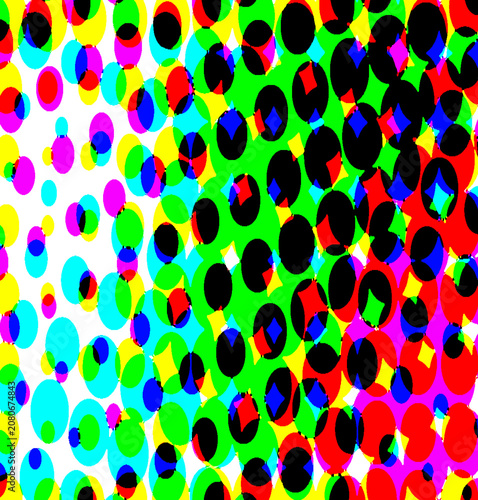 Abstract halftone pattern features overlapping vibrant circles in cyan magenta yellow and black creating pop art visual texture