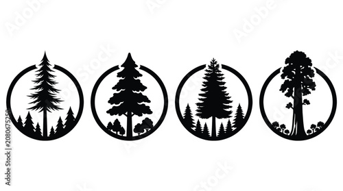 Black and white handmade vector pine tree forest circular badge logo silhouette icon set