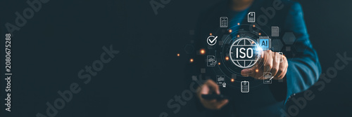 Foto Businessman pointing at a glowing ISO certification icon with document checklist and AI chip graphics
