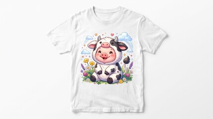 Luxury fashion t-shirt features smiling cow design on white background