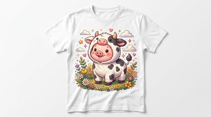 A luxury fashion t-shirt features a smiling cow design in a floral setting.
