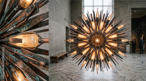 Mid-century modern starburst chandelier, vintage sputnik light fixture with glowing bulbs, industrial metal sunburst sculpture in museum lobby